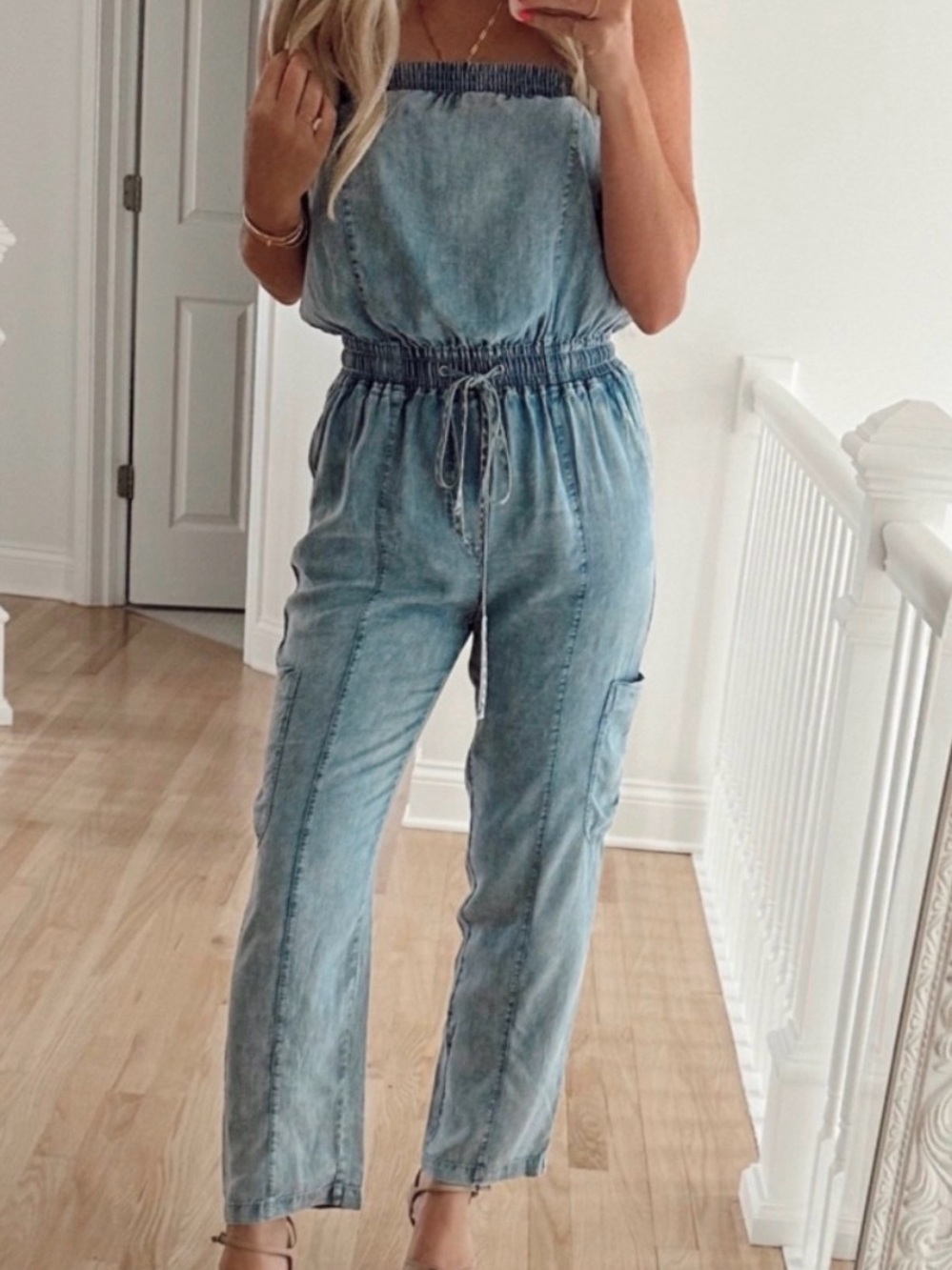 Evereve Light Wash Denim Strapless Jumpsuit